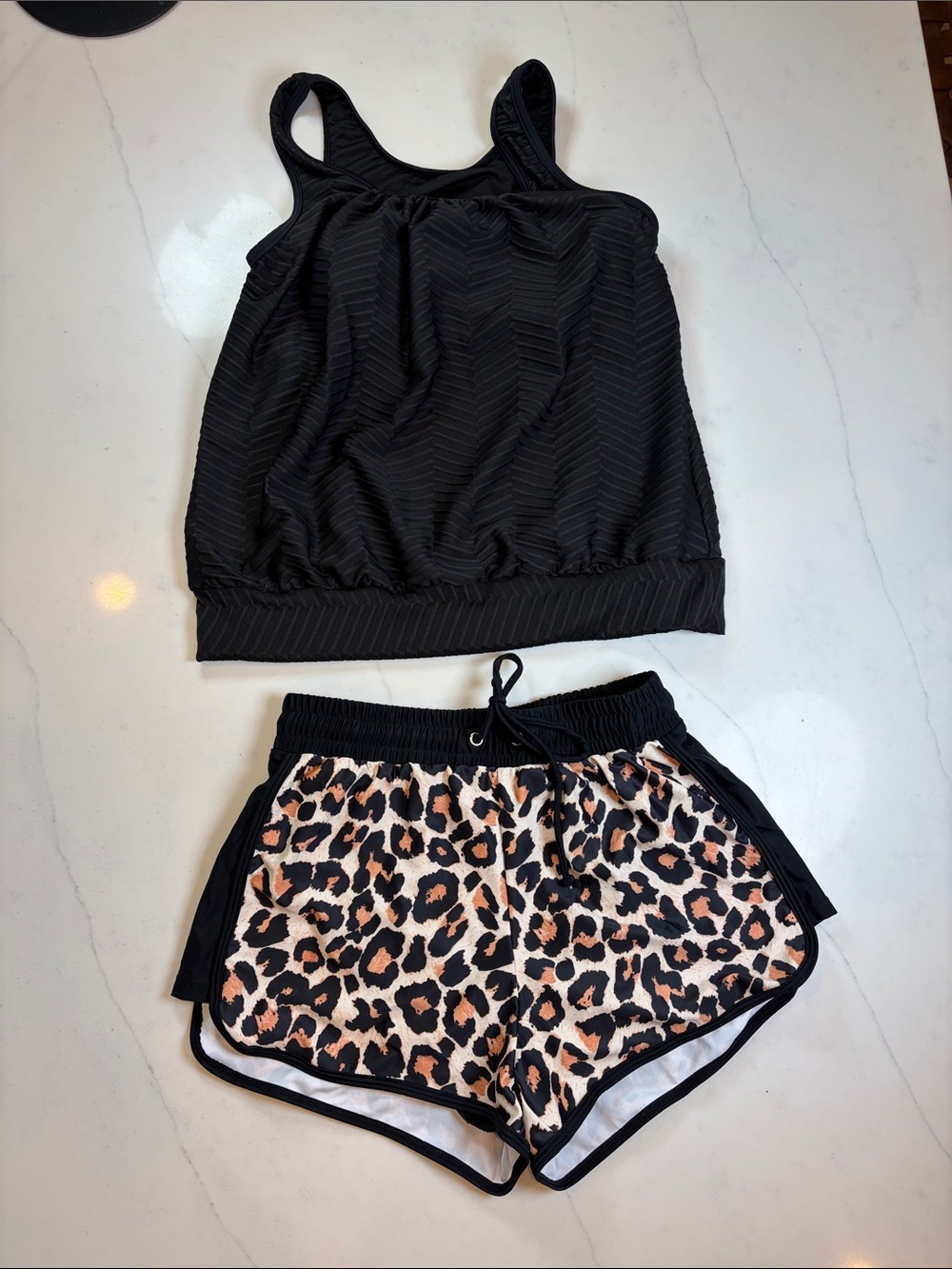 Black Tankini Top & Leopard Print Swim Shorts